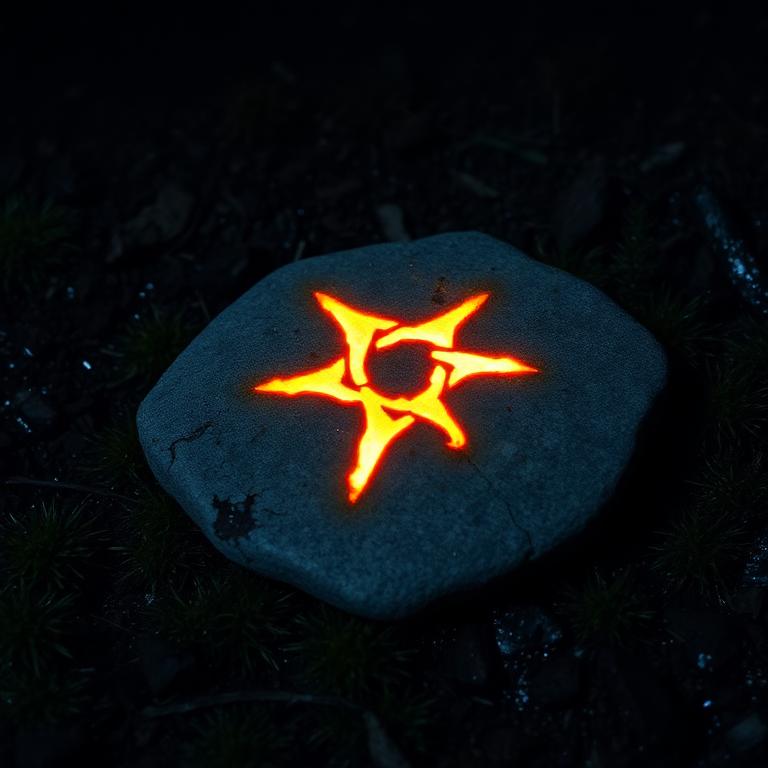 A dark stone with a glowing orange six-pointed star carved into it